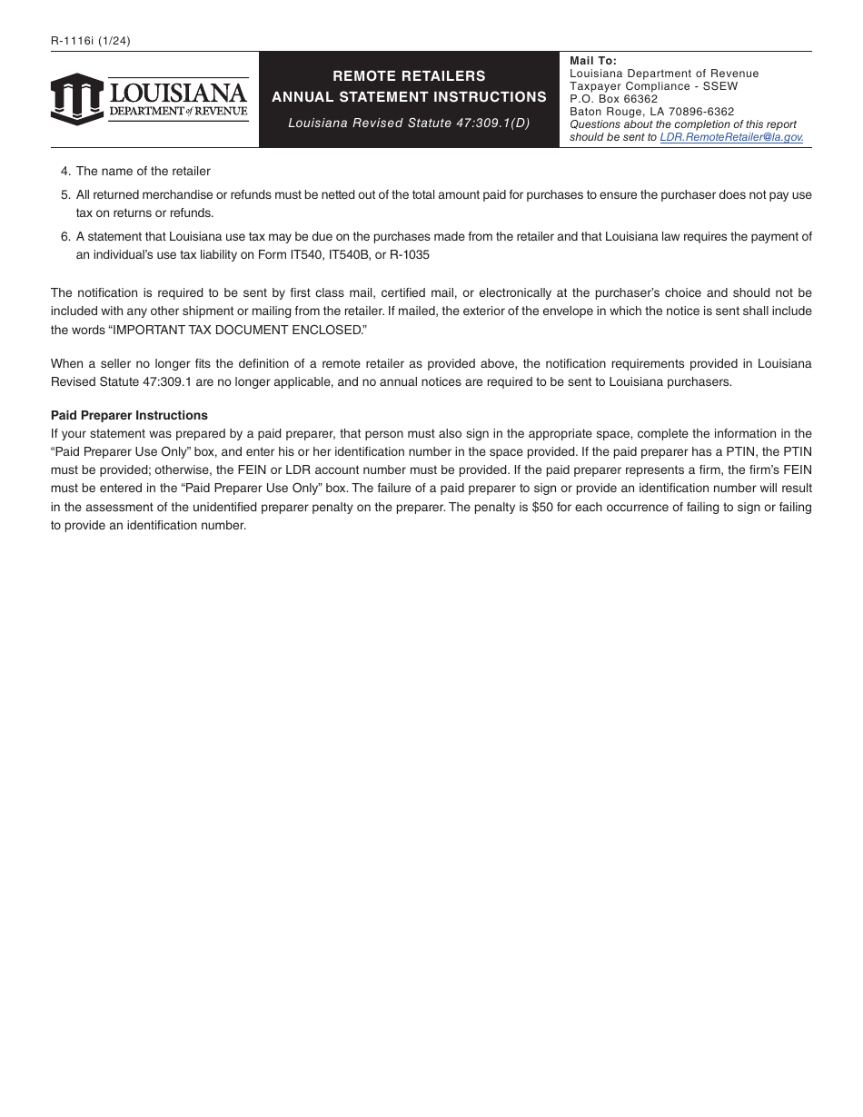 Form R-1116 Remote Retailers Annual Statement - Louisiana, Page 3