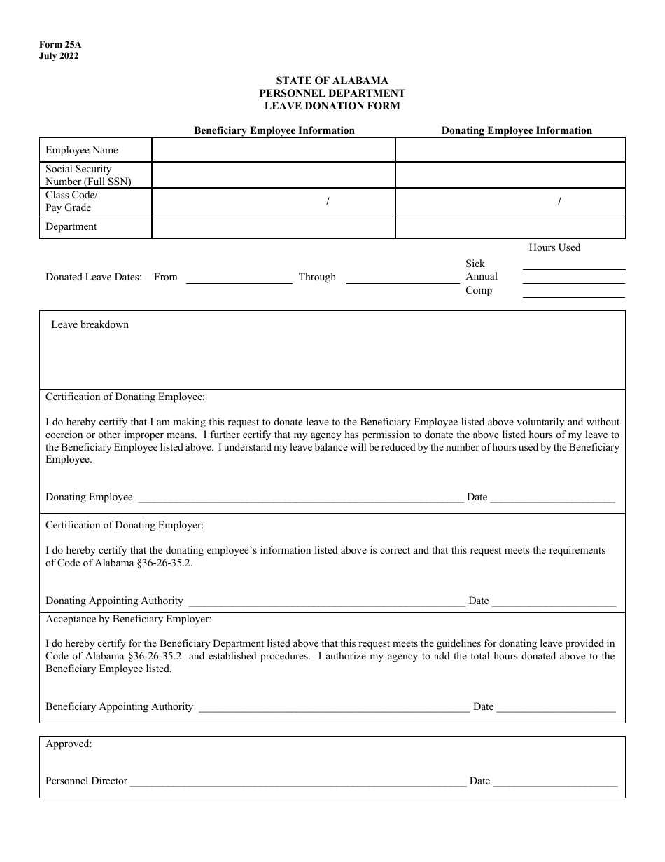 Form 25A Leave Donation Form - Alabama, Page 1