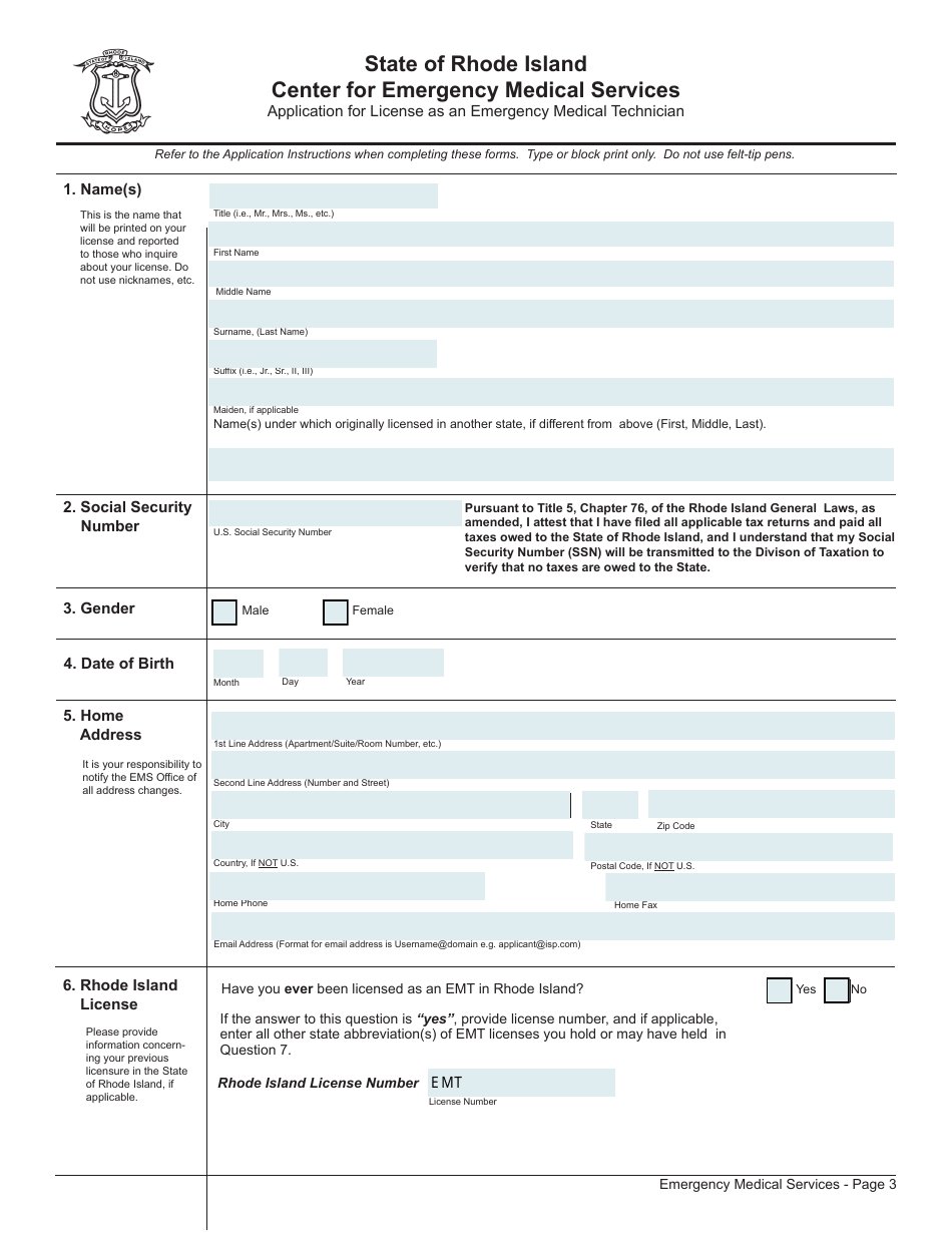 Application for License as an Emergency Medical Services Practitioner - Rhode Island, Page 3