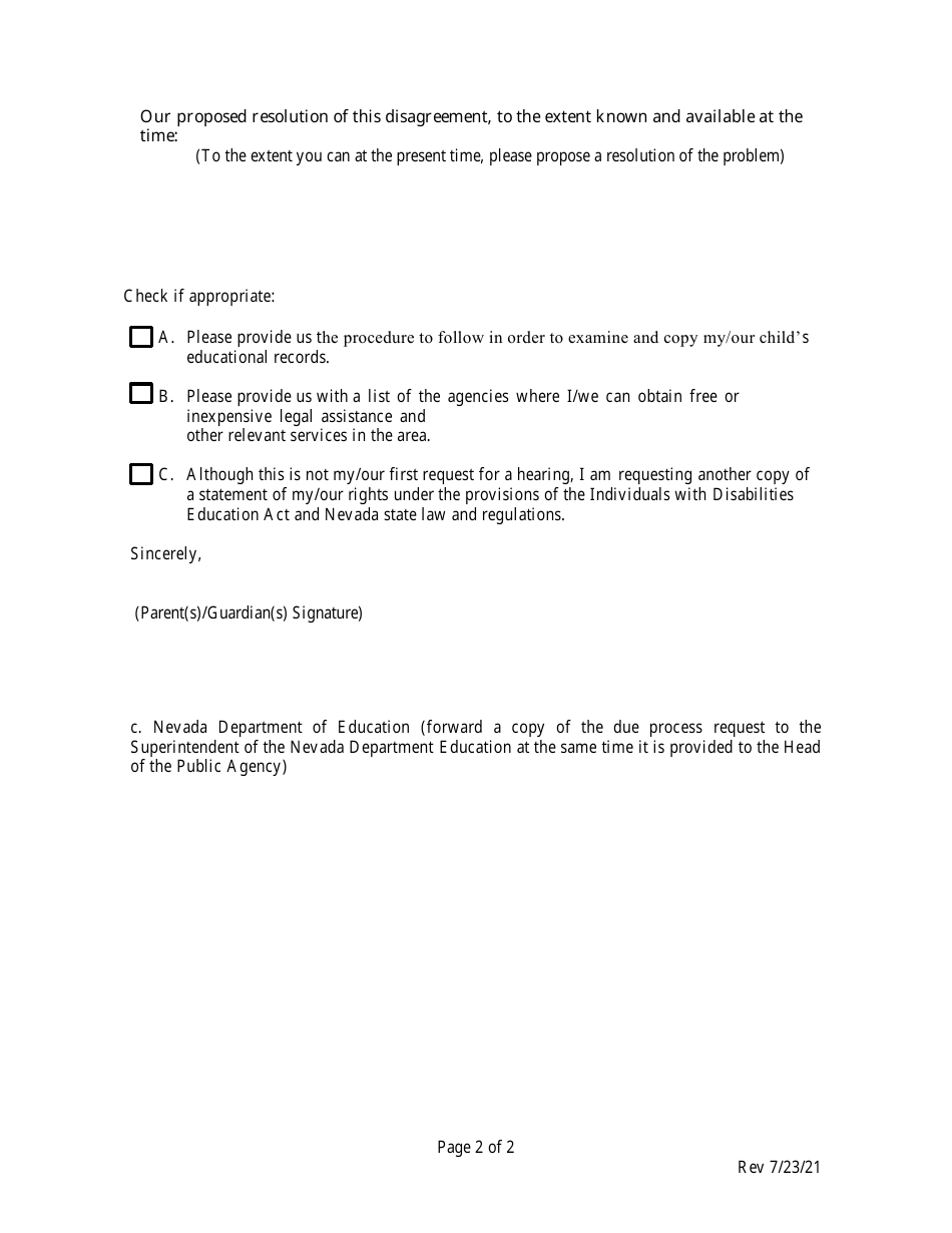 Model Form to Assist Parents in Filing a Due Process Request - Nevada, Page 2