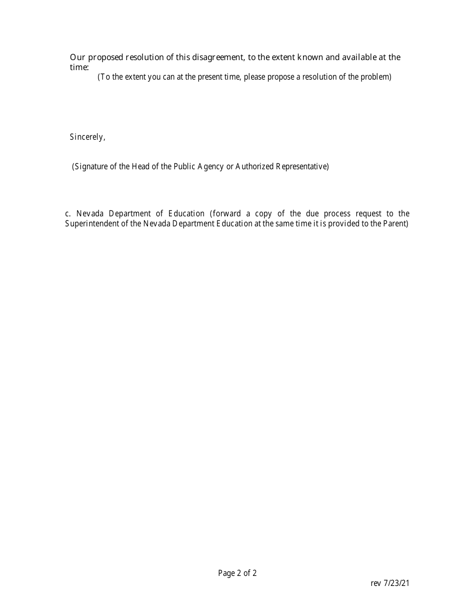 Model Form to Assist a Public Agency in Filing a Due Process Request - Nevada, Page 2