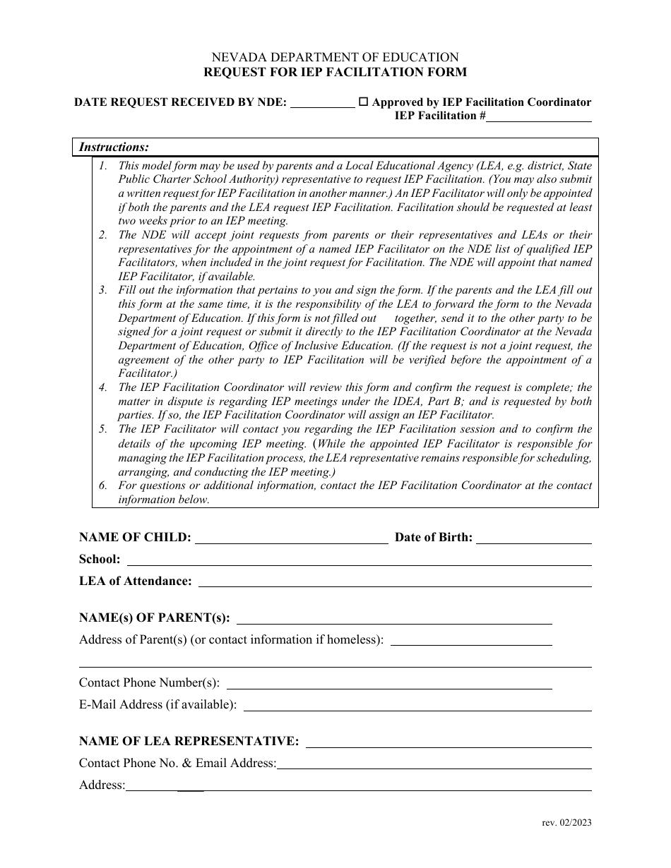 Request for Iep Facilitation Form - Nevada, Page 1