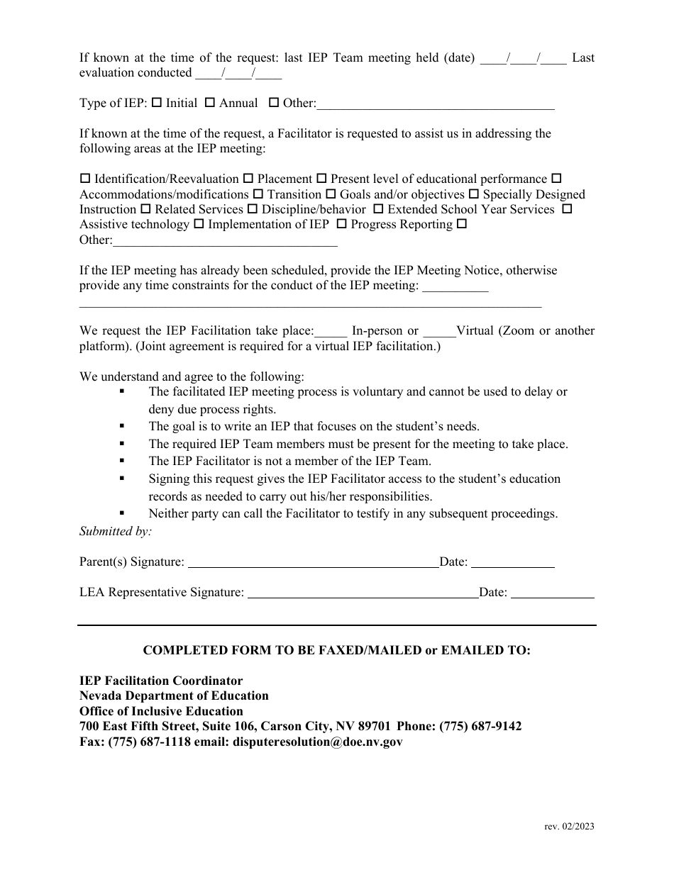 Request for Iep Facilitation Form - Nevada, Page 2