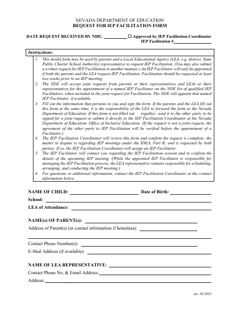 Request for Iep Facilitation Form - Nevada Download Pdf