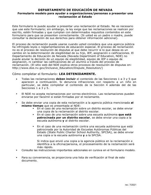 Formulario Modelo Para Ayudar a Organizaciones/Personas a Presentar Una Reclamacion Al Estado - Nevada (Spanish)