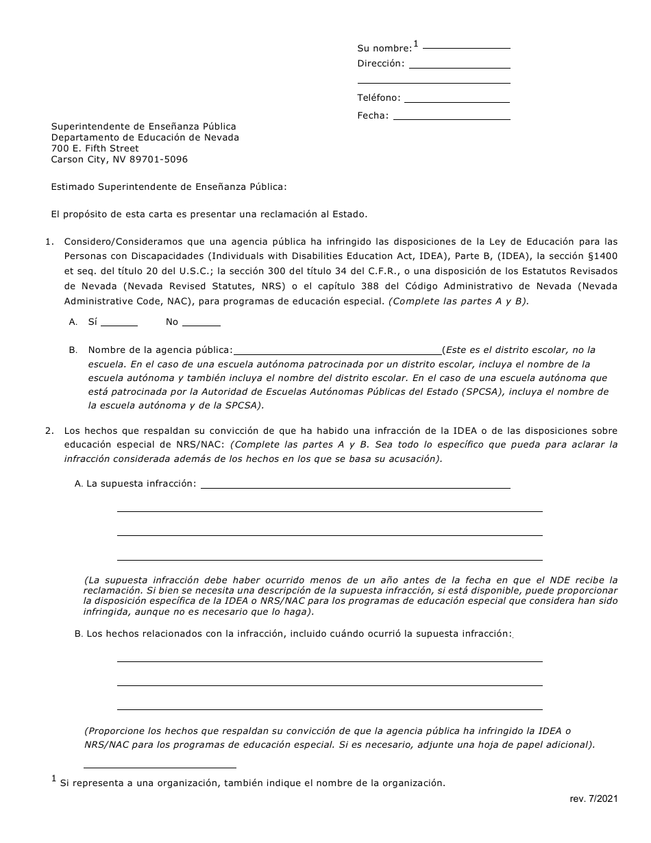 Formulario Modelo Para Ayudar a Organizaciones / Personas a Presentar Una Reclamacion Al Estado - Nevada (Spanish), Page 2