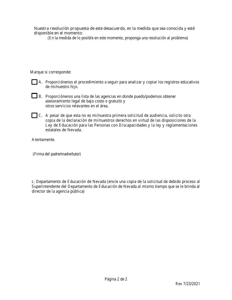 Formulario Modelo Para Ayudar a Los Padres / Madres a Presentar La Solicitud Del Debido Proceso - Nevada (Spanish), Page 2