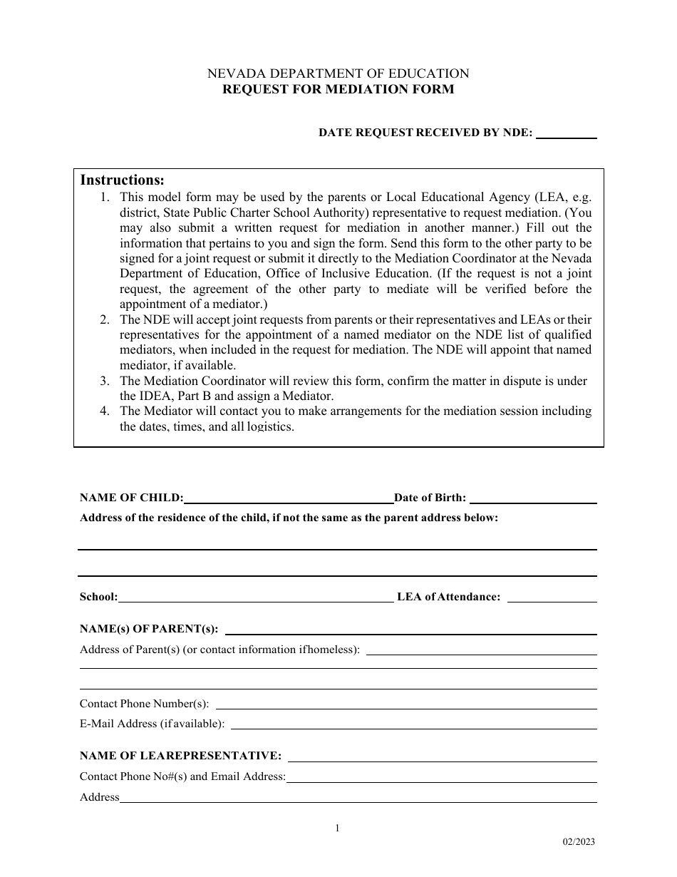 Request for Mediation Form - Nevada, Page 1
