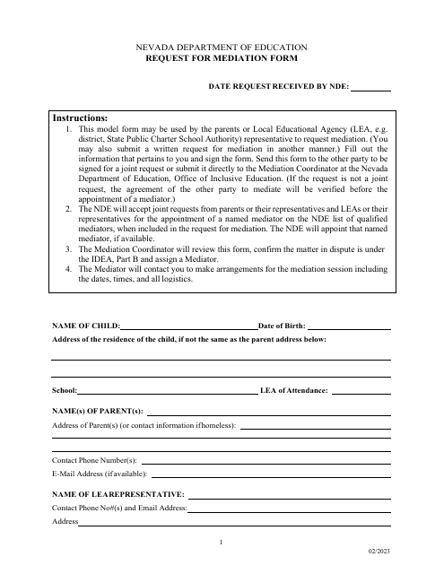 Request for Mediation Form - Nevada Download Pdf