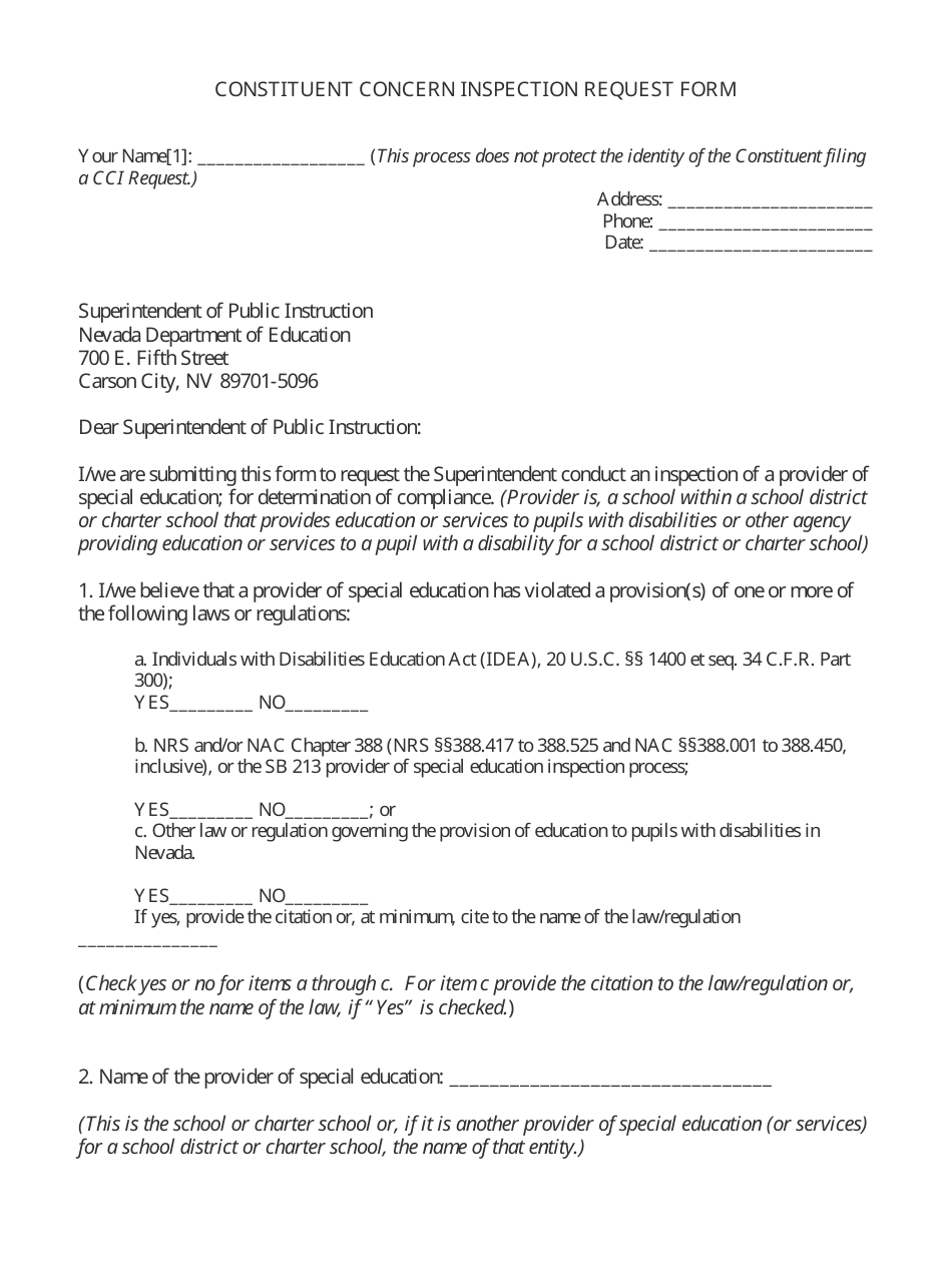 Constituent Concern Inspection Request Form - Nevada, Page 1