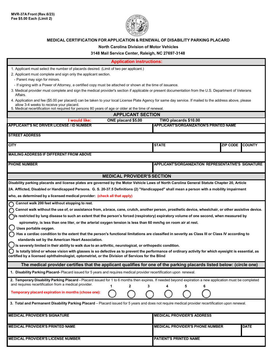 Form MVR-37A Medical Certification for Application  Renewal of Disability Parking Placard - North Carolina, Page 1