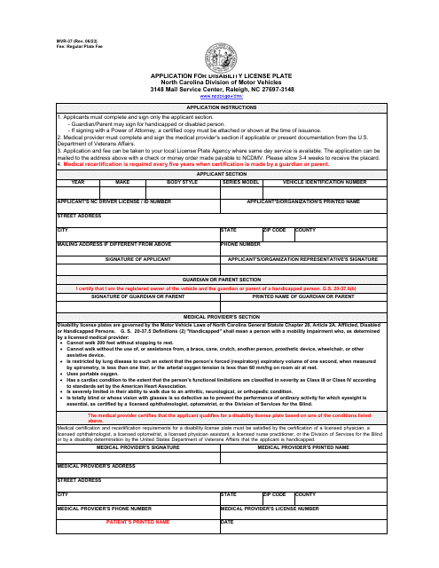 Form MVR-37 Application for Disability License Plate - North Carolina