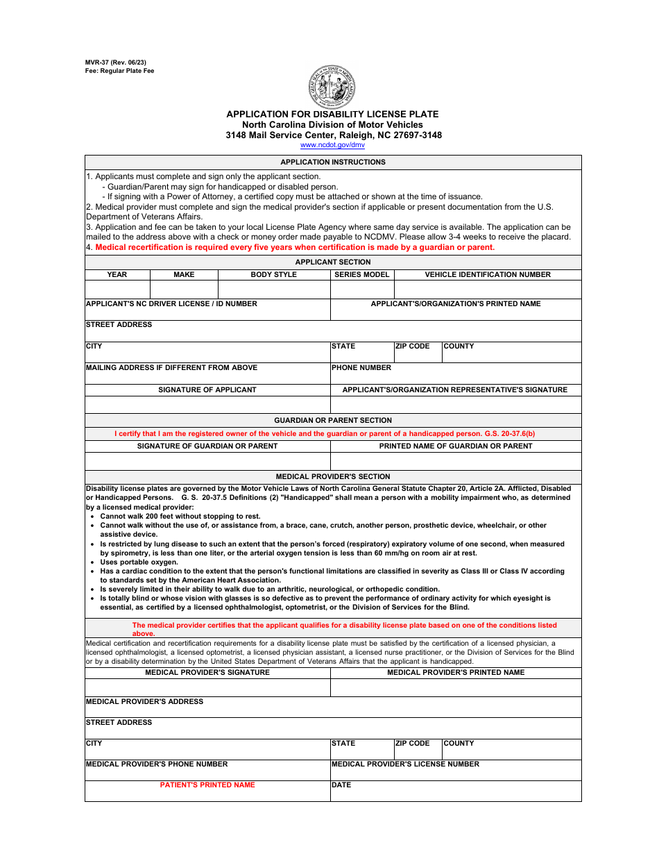 Form MVR-37 Application for Disability License Plate - North Carolina, Page 1
