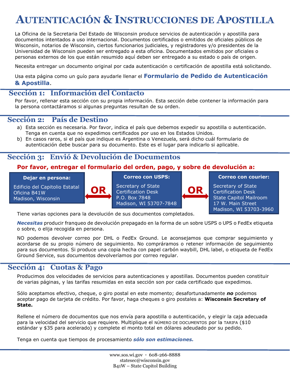Instrucciones para La Forma Del Autenticacion Y Apostilla - Wisconsin (Spanish), Page 1