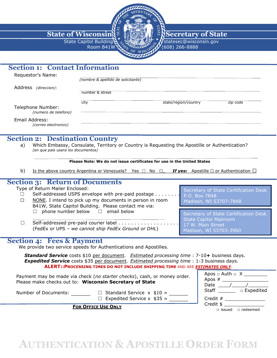 Authentication  Apostille Order Form - Wisconsin, Page 1