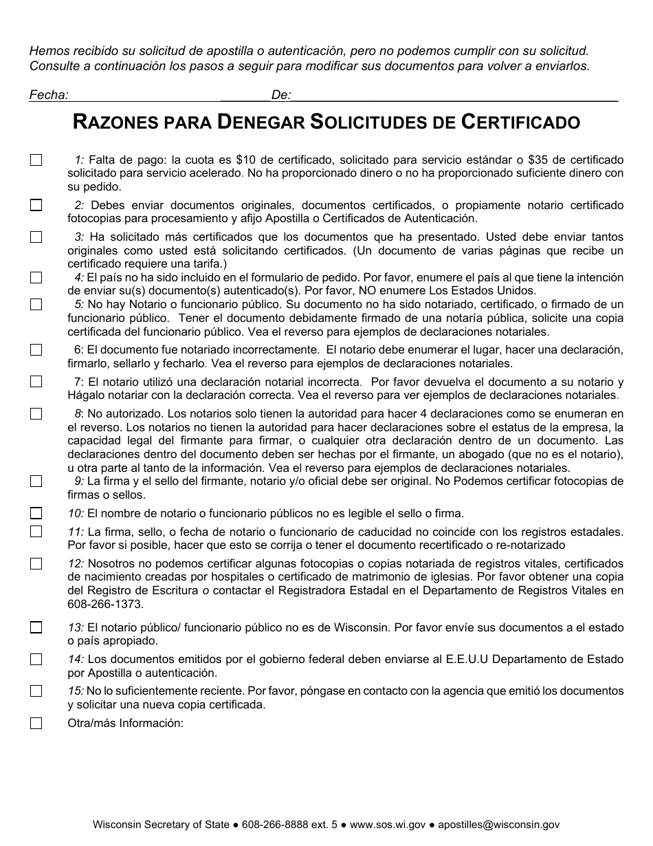 Formulario De Explicacion De Rechazo De Documento - Wisconsin (Spanish), Page 1