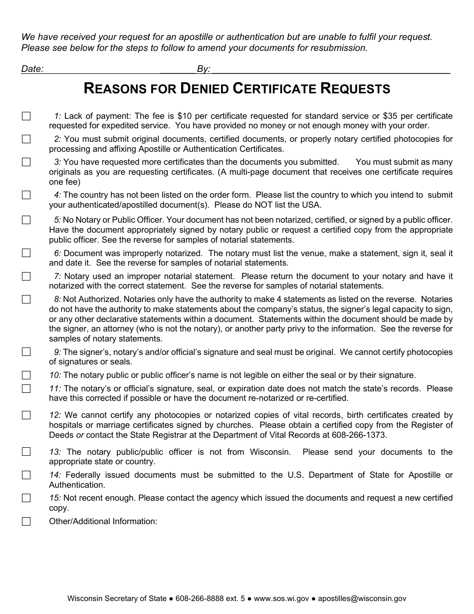 Document Rejection Explanation Form - Wisconsin, Page 1