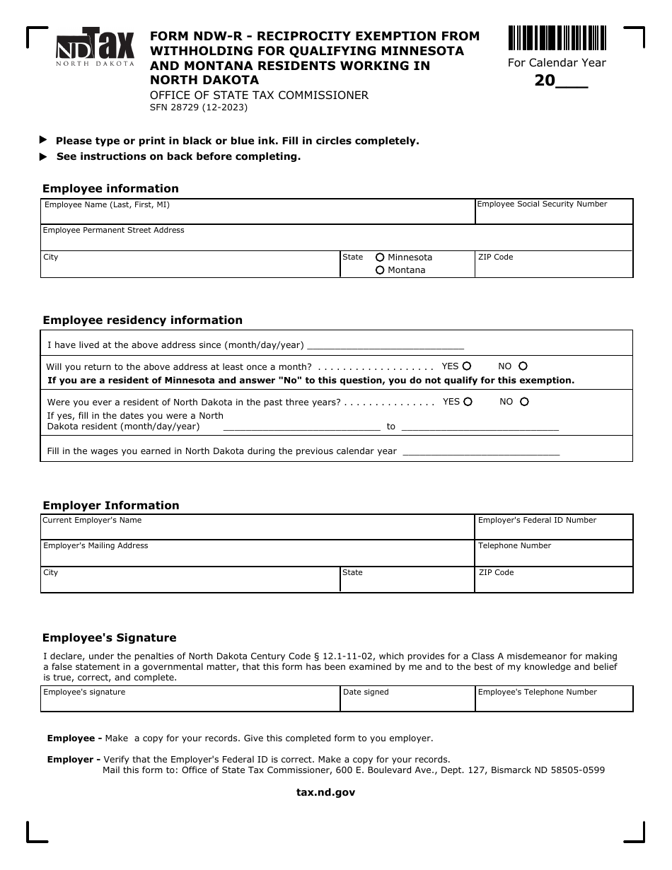 Form NDW-R (SFN28729) Reciprocity Exemption From Withholding for Qualifying Minnesota and Montana Residents Working in North Dakota - North Dakota, Page 1
