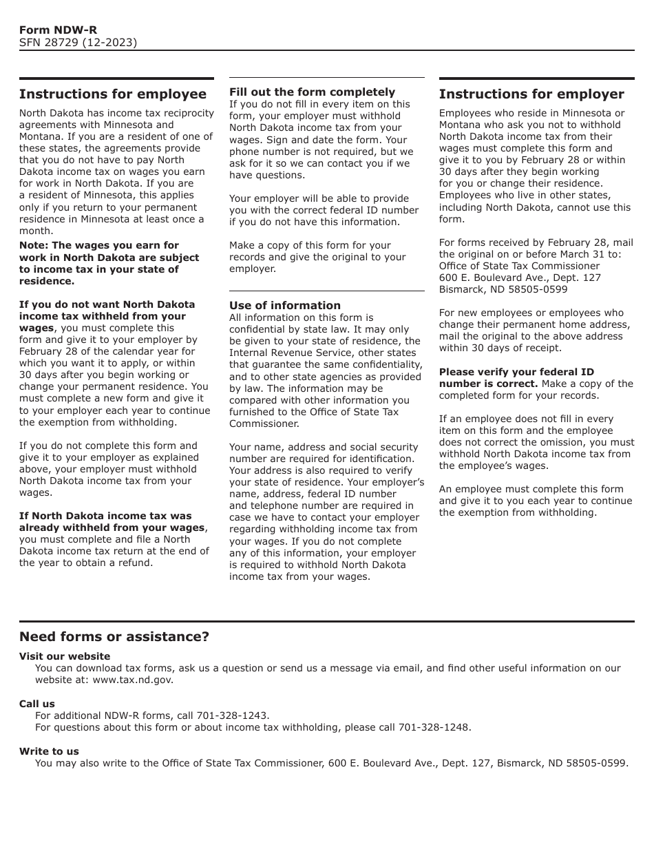 Form NDW-R (SFN28729) Reciprocity Exemption From Withholding for Qualifying Minnesota and Montana Residents Working in North Dakota - North Dakota, Page 2