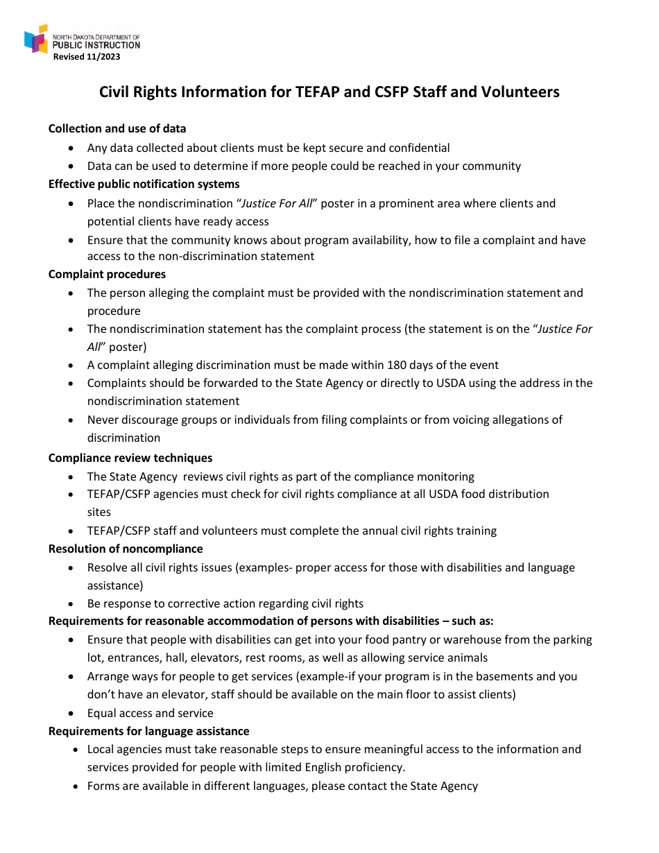 North Dakota Civil Rights Information for Tefap and Csfp Staff and ...