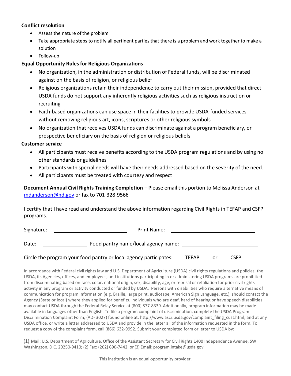 Civil Rights Information for Tefap and Csfp Staff and Volunteers - North Dakota, Page 2