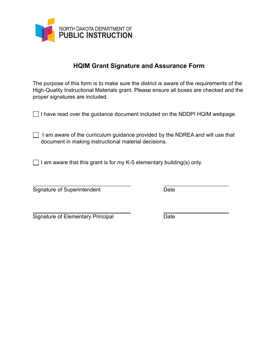 Hqim Grant Signature and Assurance Form - North Dakota, Page 1