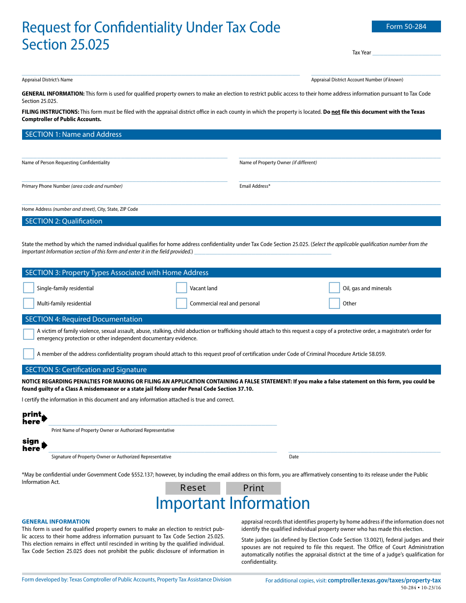 Form 50-284 Request for Confidentiality Under Tax Code Section 25.025 - Texas, Page 1