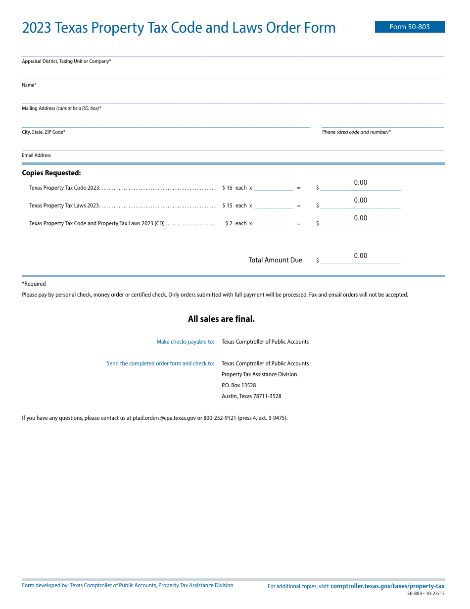 Form 50-803 Texas Property Tax Code and Laws Order Form - Texas, Page 1