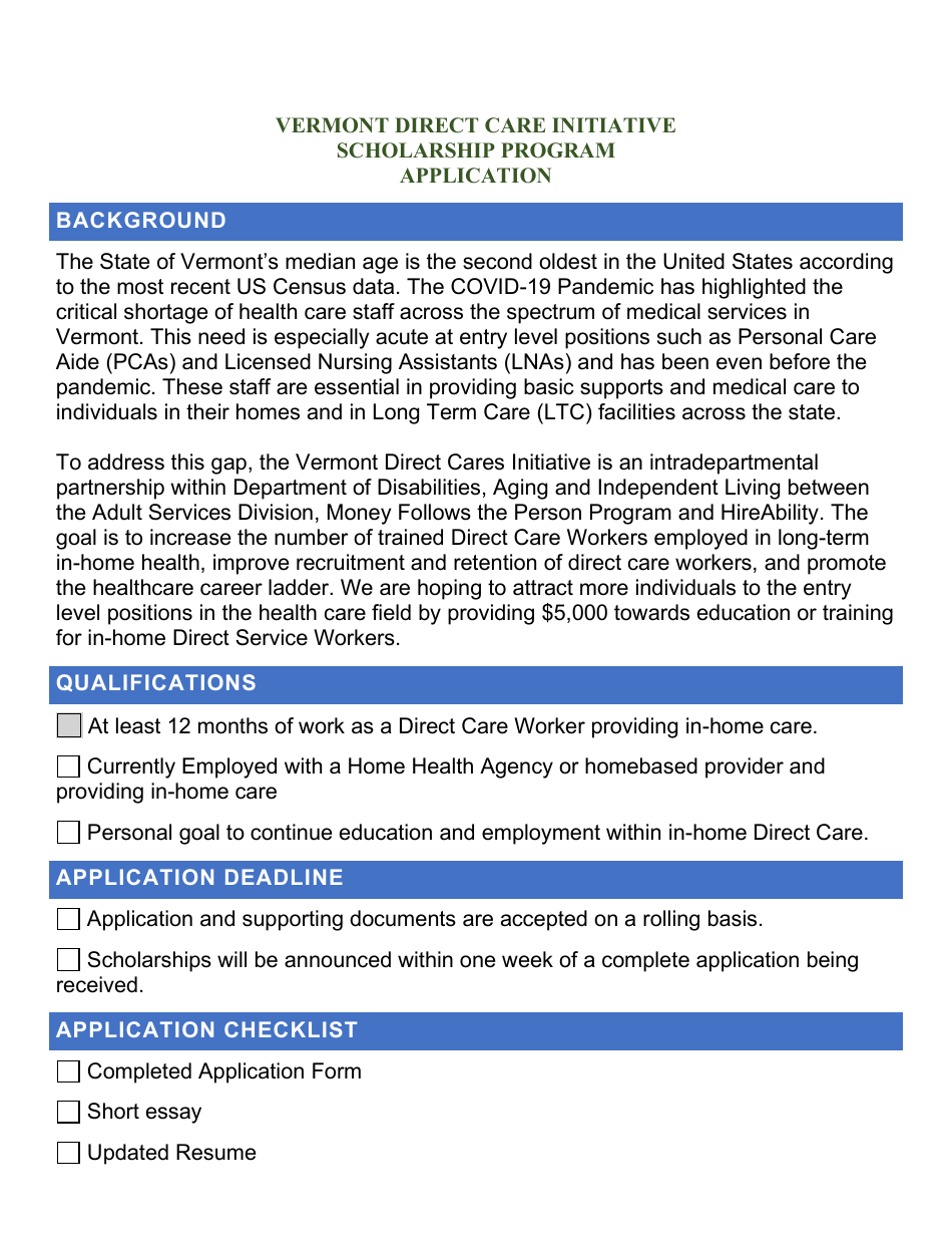 Vermont Direct Care Initiative Scholarship Program Application - Vermont, Page 1