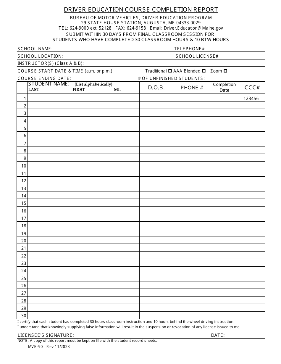 Form MVE-90 Download Printable PDF or Fill Online Driver Education ...