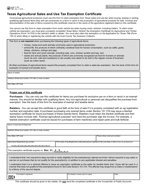 Form 01-924 Texas Agricultural Sales and Use Tax Exemption Certificate - Texas