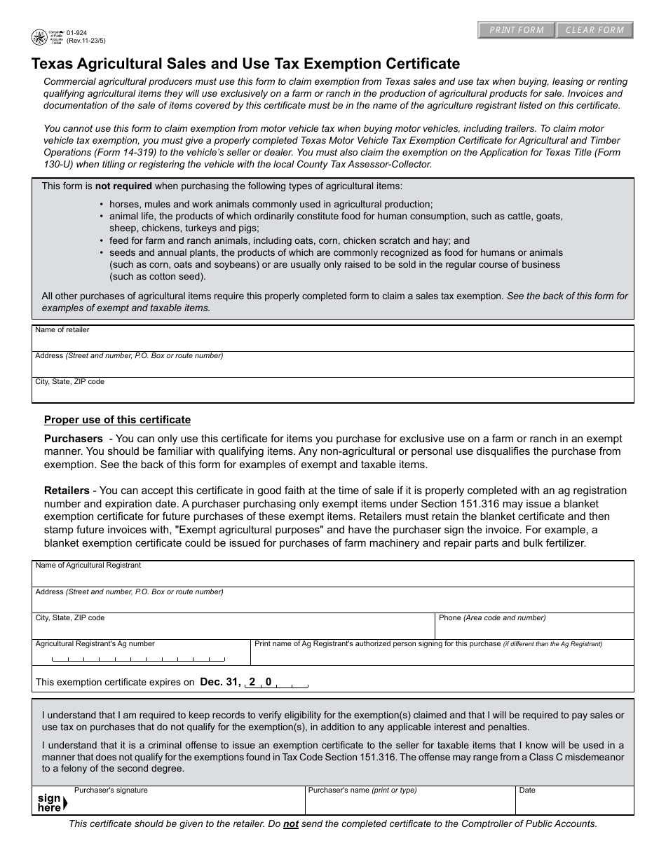 Form 01 924 Download Fillable Pdf Or Fill Online Texas Agricultural Sales And Use Tax Exemption 8183