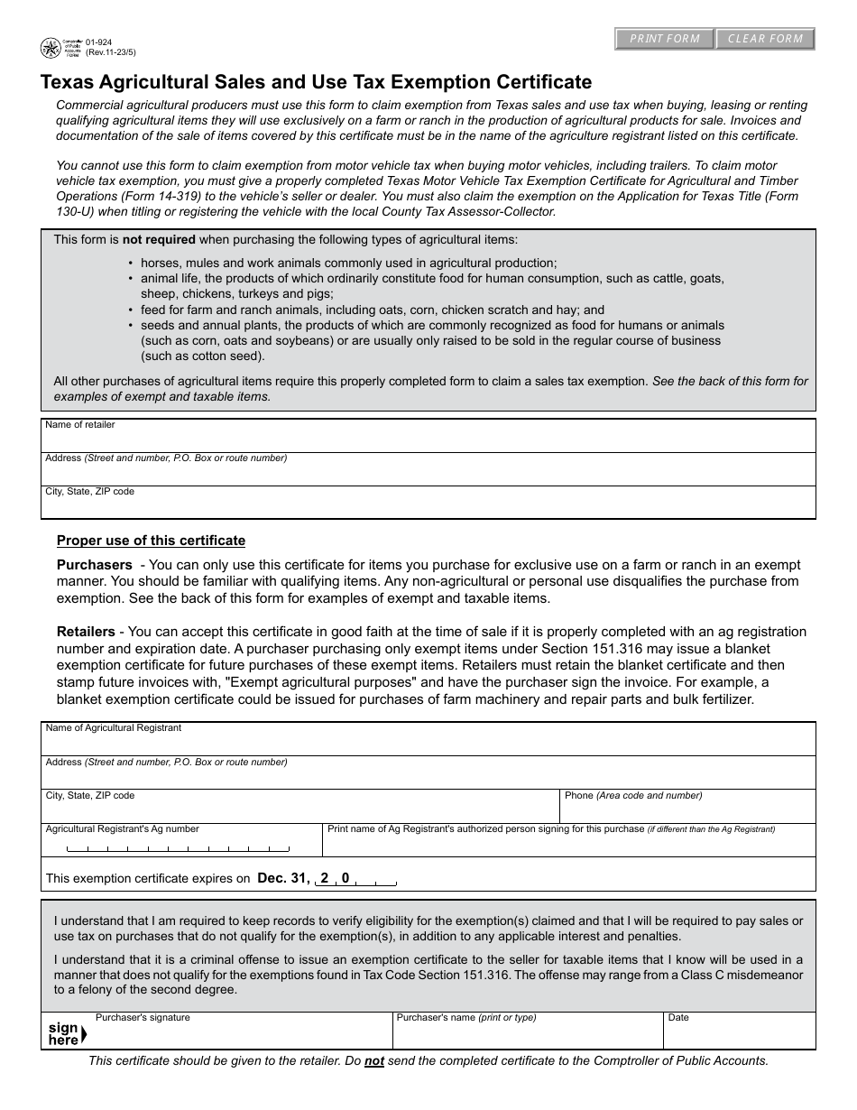 Form 01-924 Texas Agricultural Sales and Use Tax Exemption Certificate - Texas, Page 1