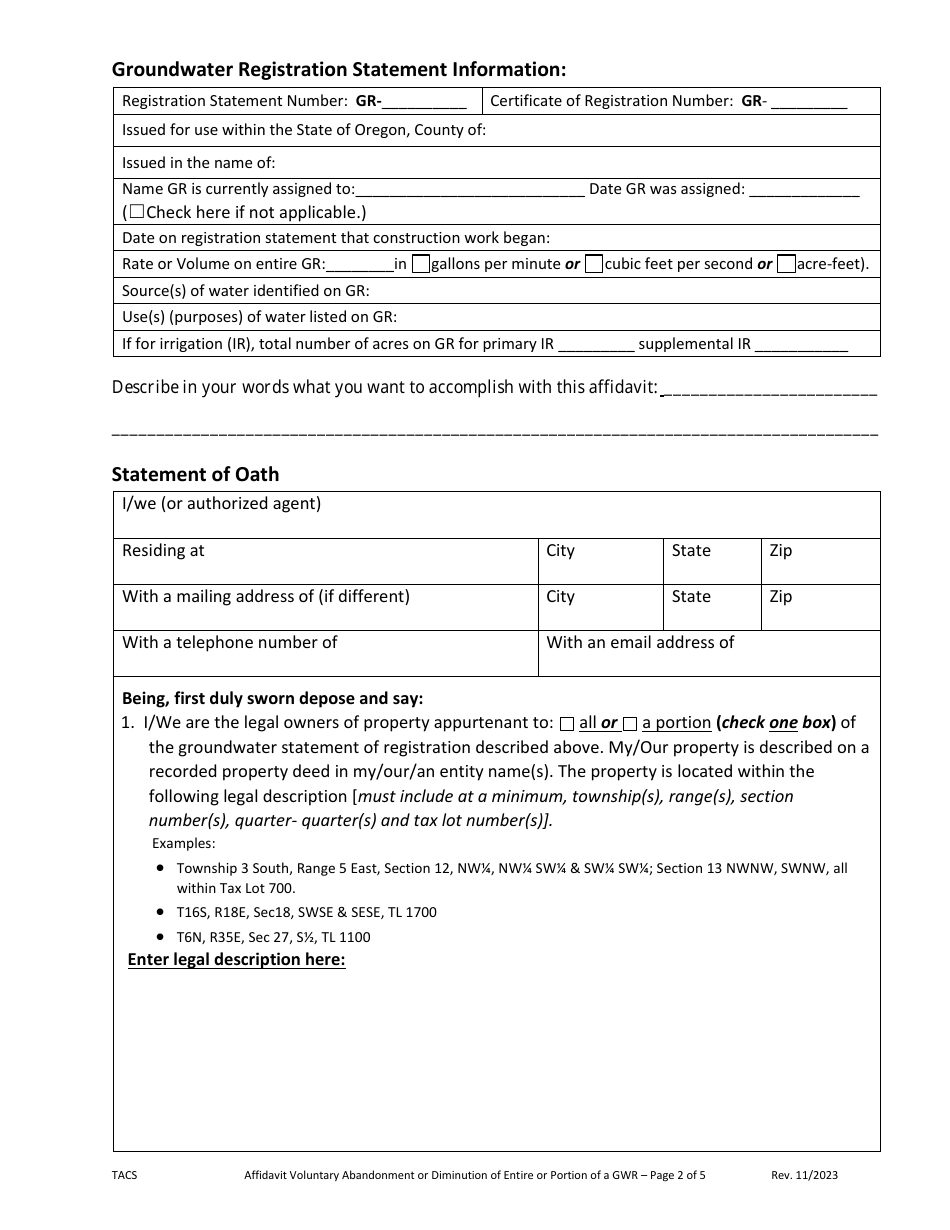 Affidavit of Voluntary Abandonment or Diminution (Entire or Partial) of a Groundwater Registration Statement - Oregon, Page 2