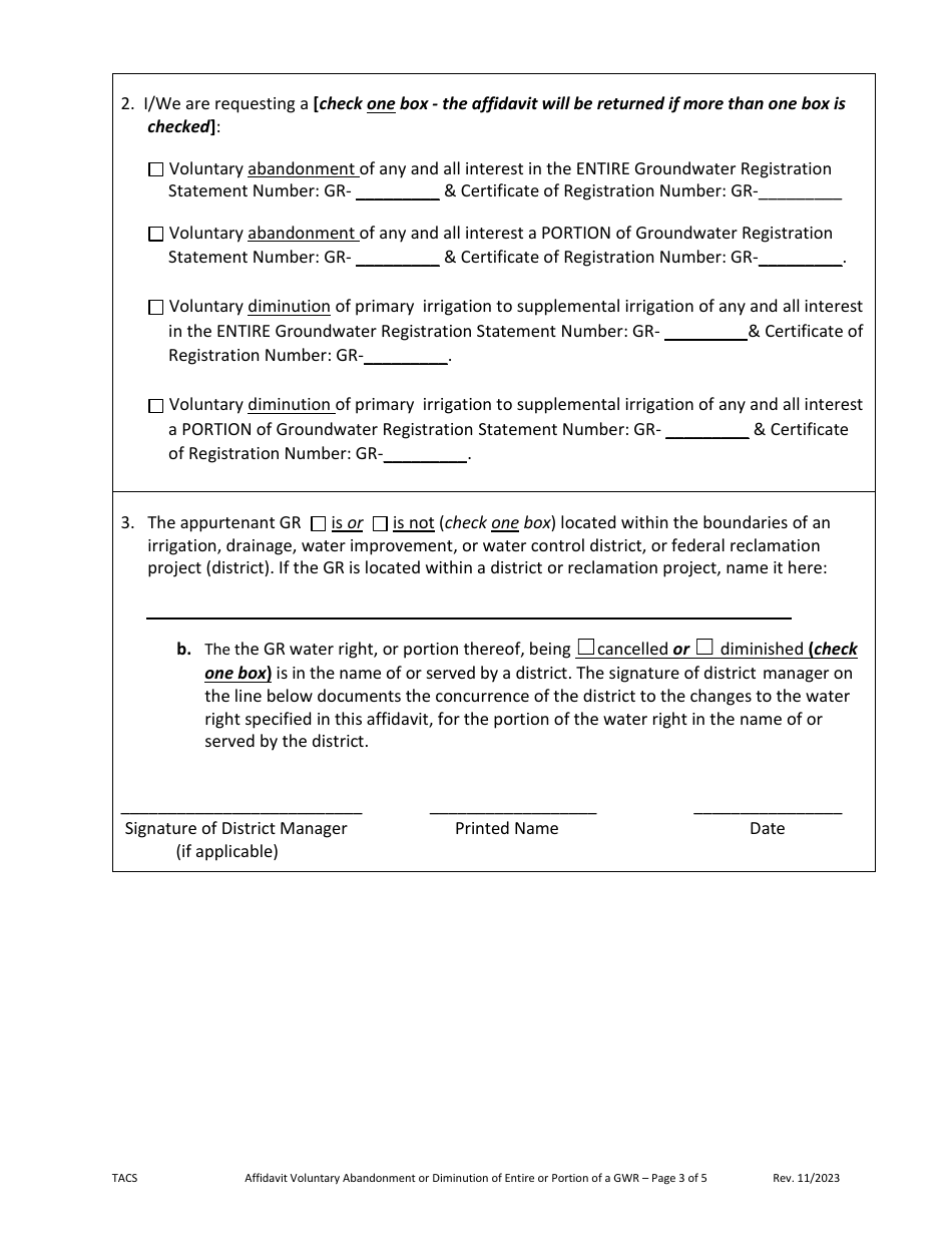 Affidavit of Voluntary Abandonment or Diminution (Entire or Partial) of a Groundwater Registration Statement - Oregon, Page 3
