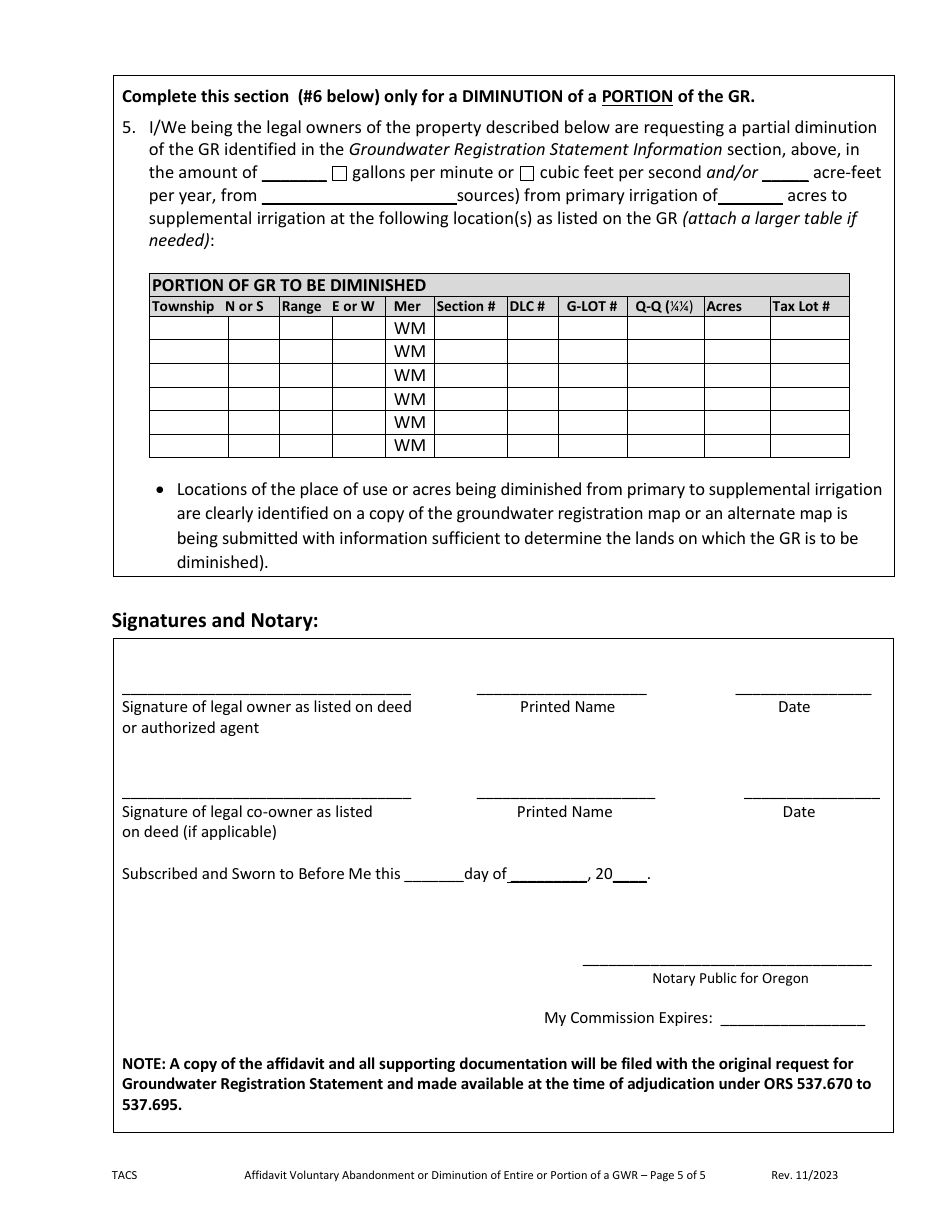 Affidavit of Voluntary Abandonment or Diminution (Entire or Partial) of a Groundwater Registration Statement - Oregon, Page 5