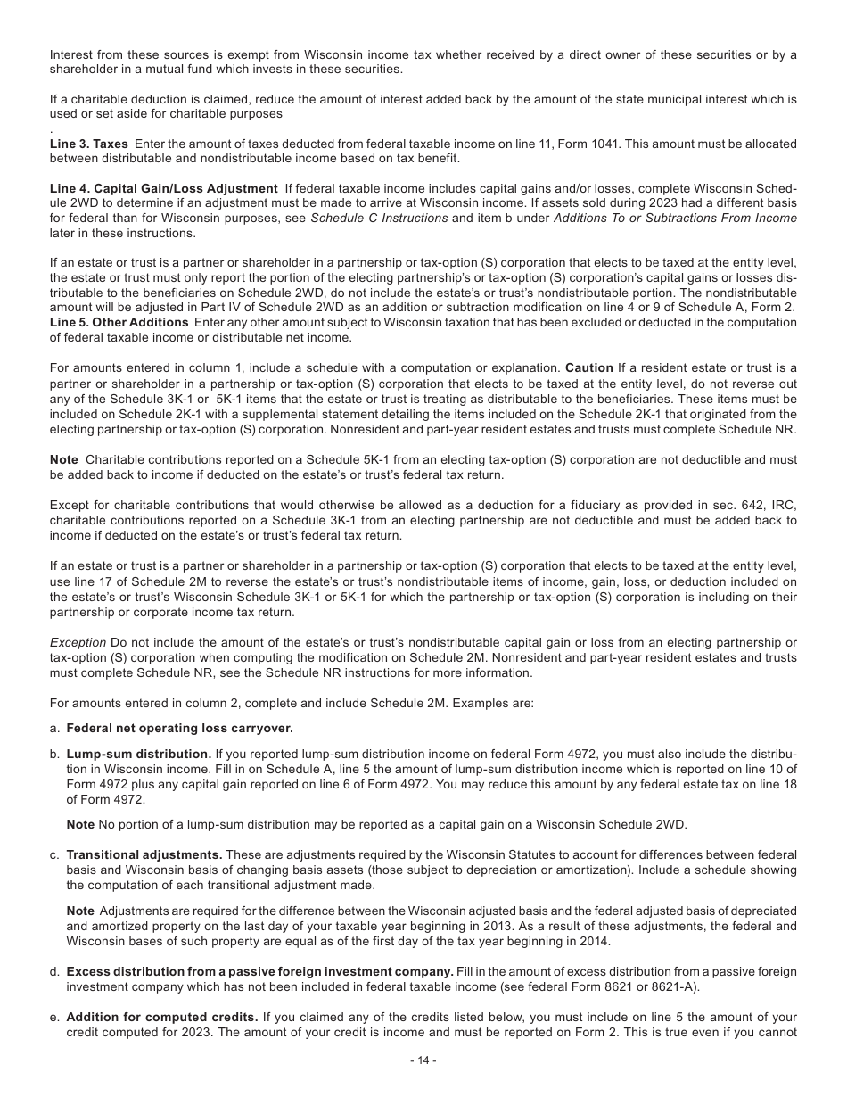Instructions for Form 2, I-020, I-021 Schedule 2K-1 - Wisconsin, Page 14