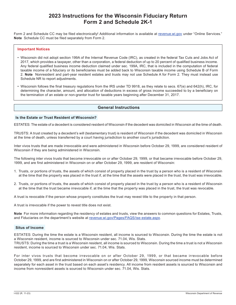 Instructions for Form 2, I-020, I-021 Schedule 2K-1 - Wisconsin, Page 1