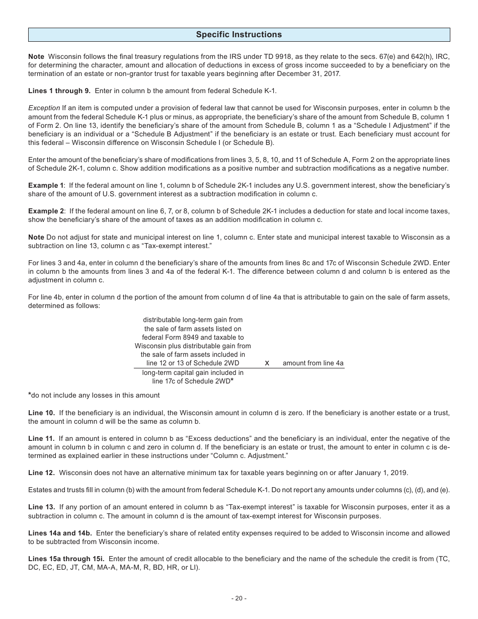 Instructions for Form 2, I-020, I-021 Schedule 2K-1 - Wisconsin, Page 20