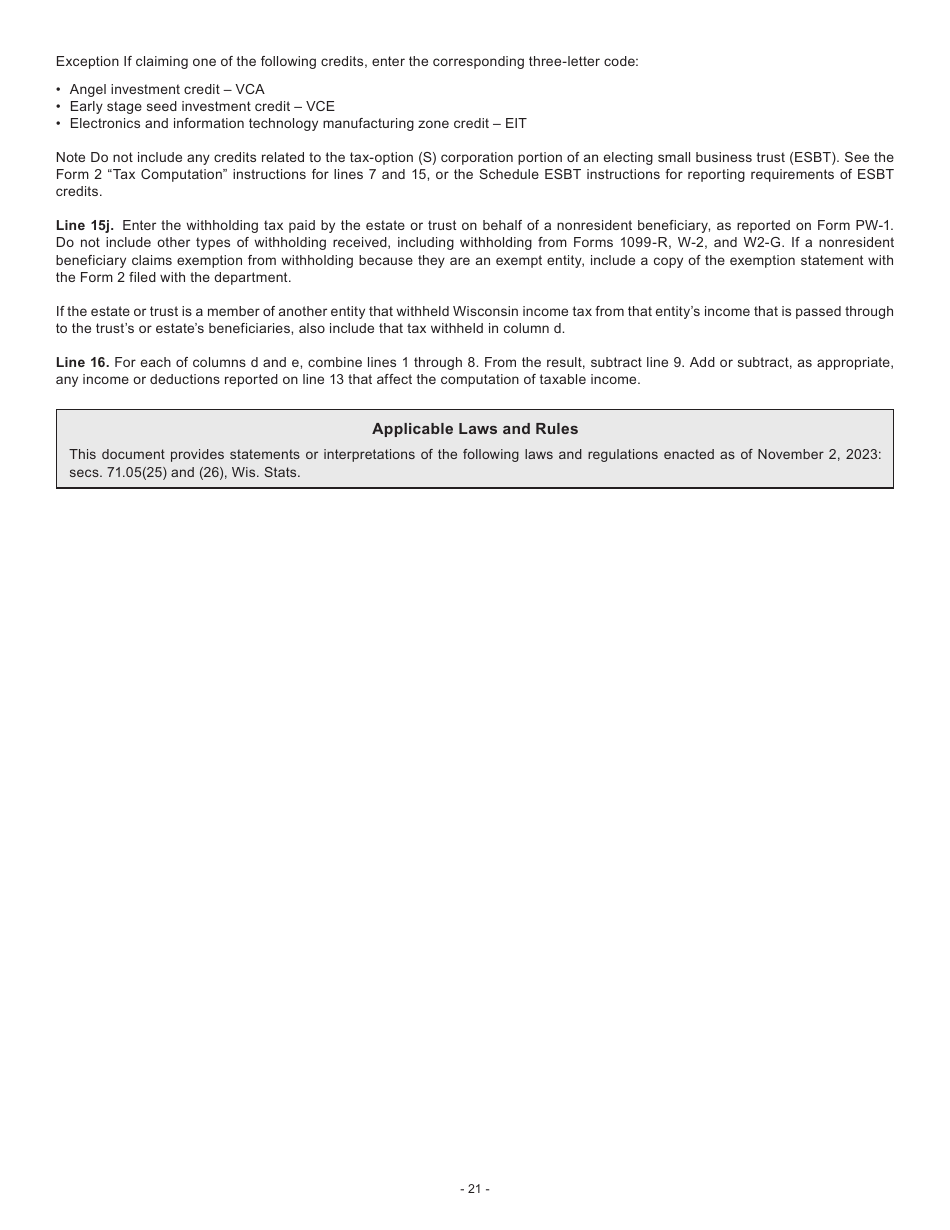 Instructions for Form 2, I-020, I-021 Schedule 2K-1 - Wisconsin, Page 21