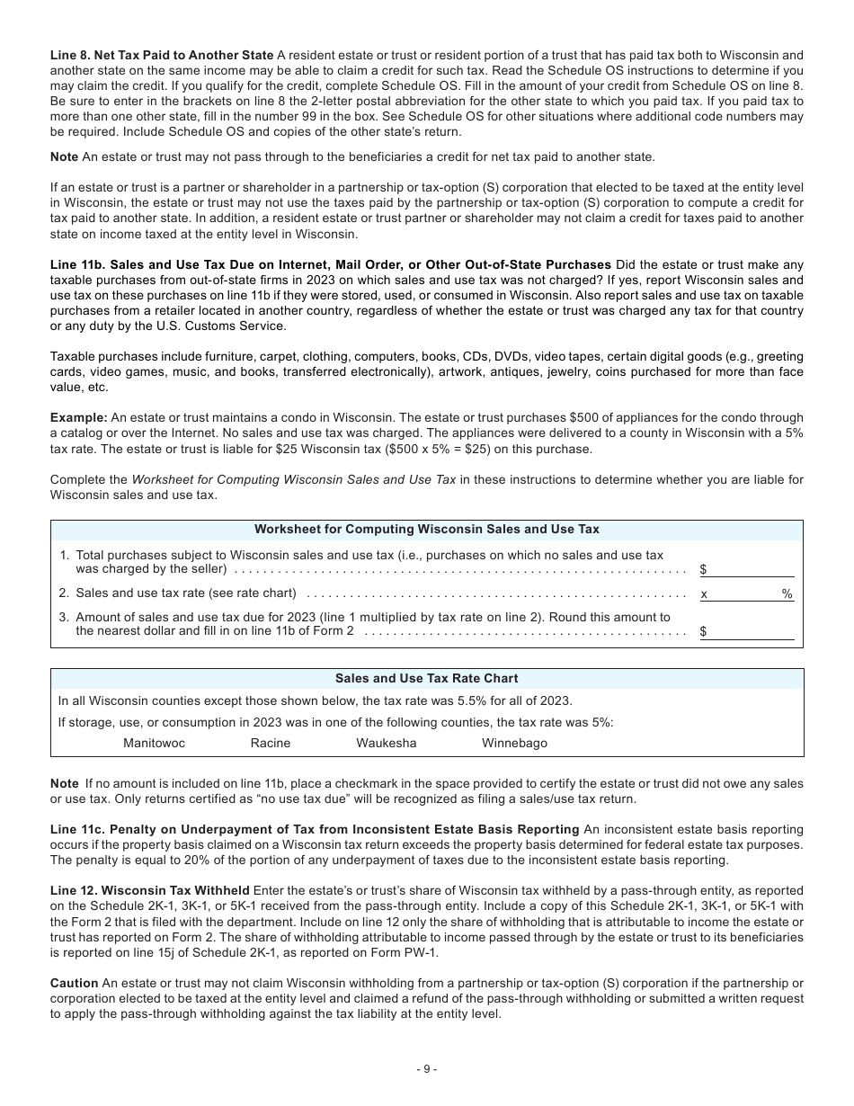 Instructions for Form 2, I-020, I-021 Schedule 2K-1 - Wisconsin, Page 9