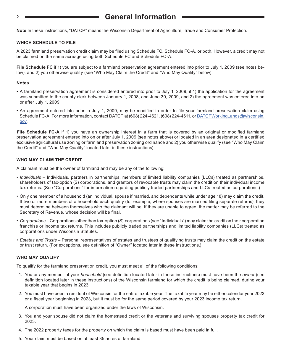 Instructions for Form I-025 Schedule FC Wisconsin Farmland Preservation Credit - Wisconsin, Page 2