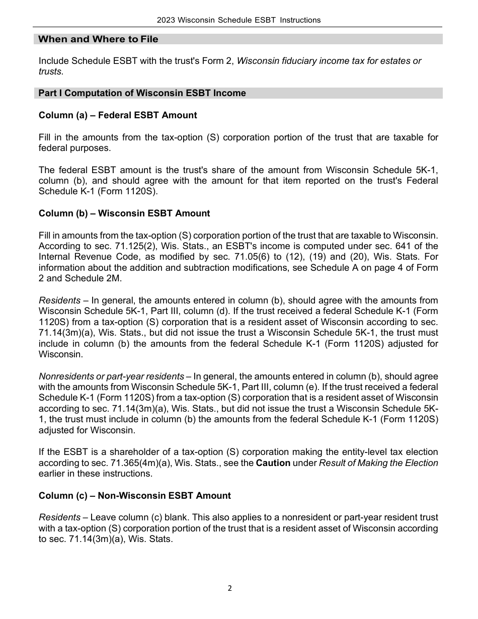 Instructions for Form I-237 Schedule ESBT Computation of Wisconsin Taxable Income for Electing Small Business Trusts - Wisconsin, Page 2