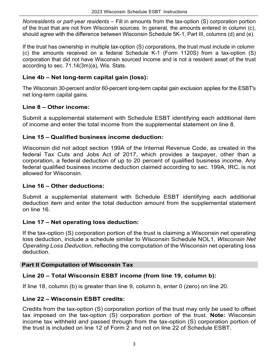 Instructions for Form I-237 Schedule ESBT Computation of Wisconsin Taxable Income for Electing Small Business Trusts - Wisconsin, Page 3