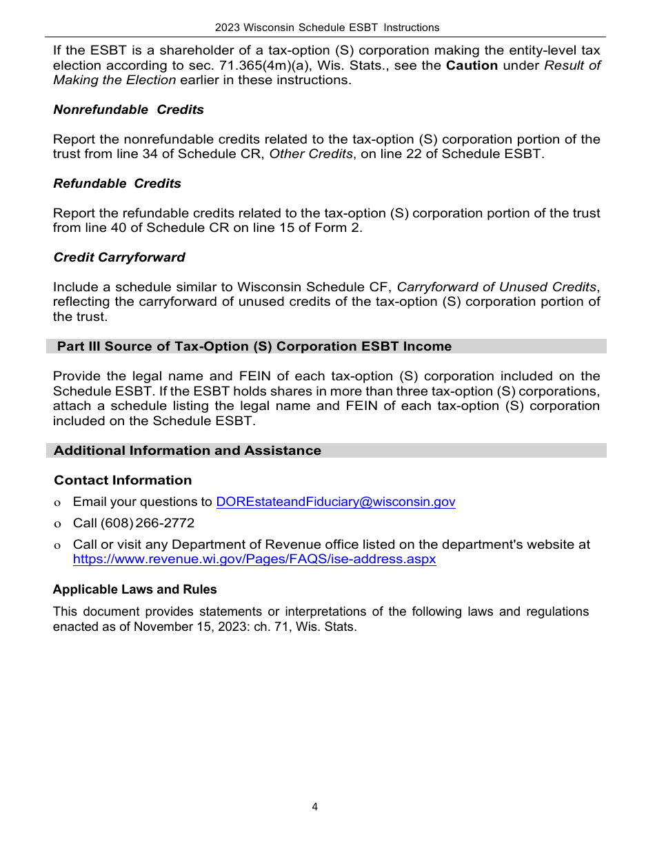 Instructions for Form I-237 Schedule ESBT Computation of Wisconsin Taxable Income for Electing Small Business Trusts - Wisconsin, Page 4