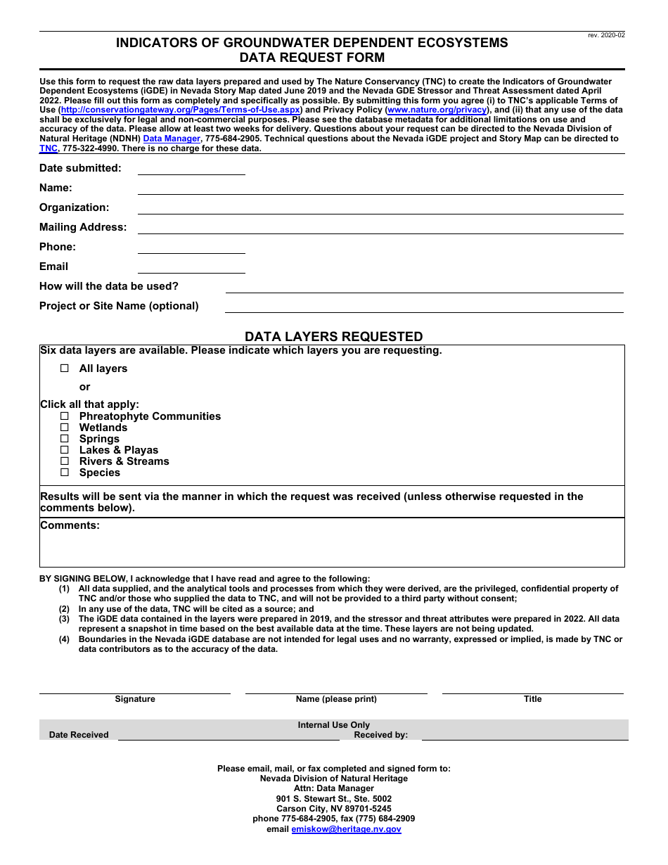 Indicators of Groundwater Dependent Ecosystems Data Request Form - Nevada, Page 1