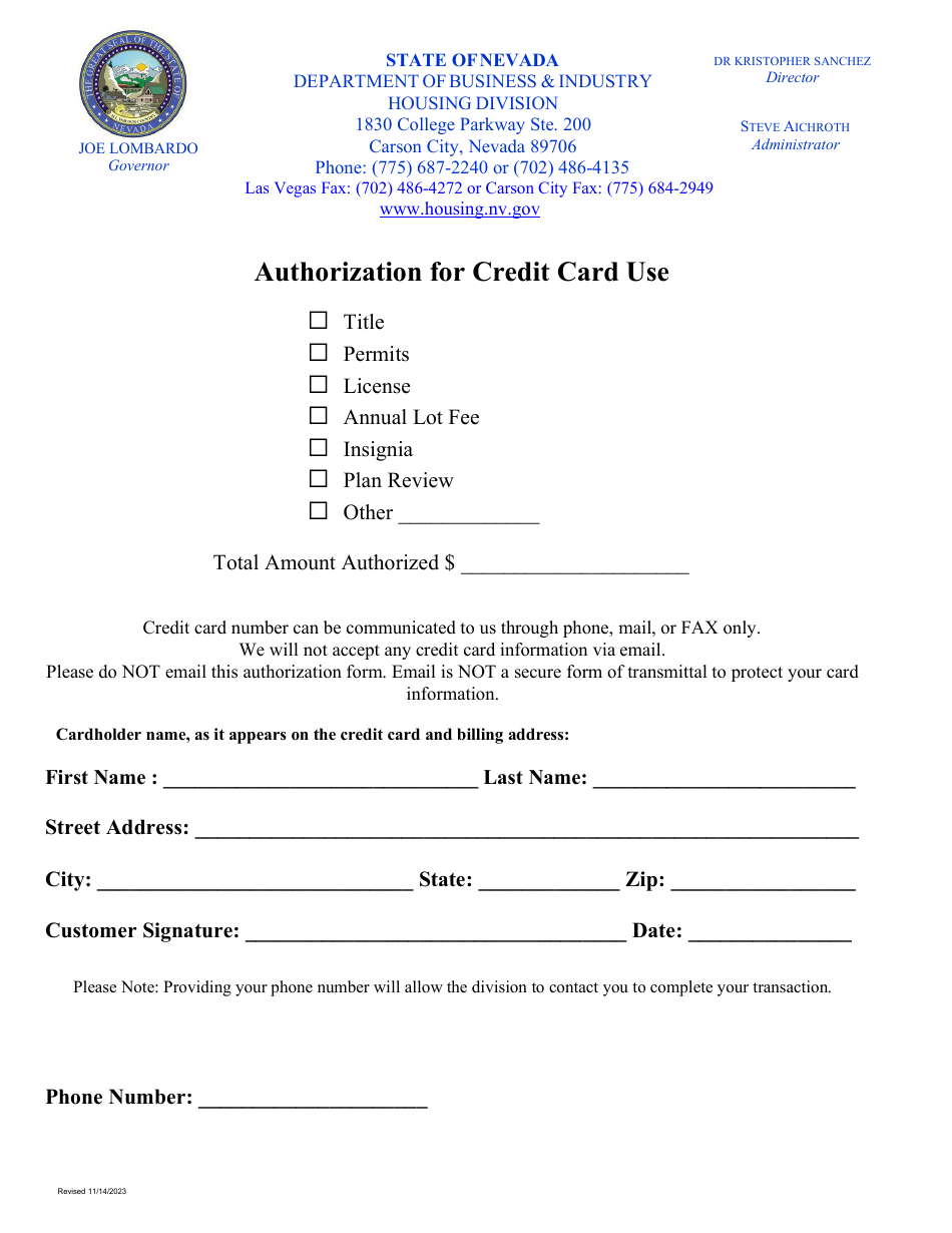 Form PIP-204 Authorization for Credit Card Use - Nevada, Page 1