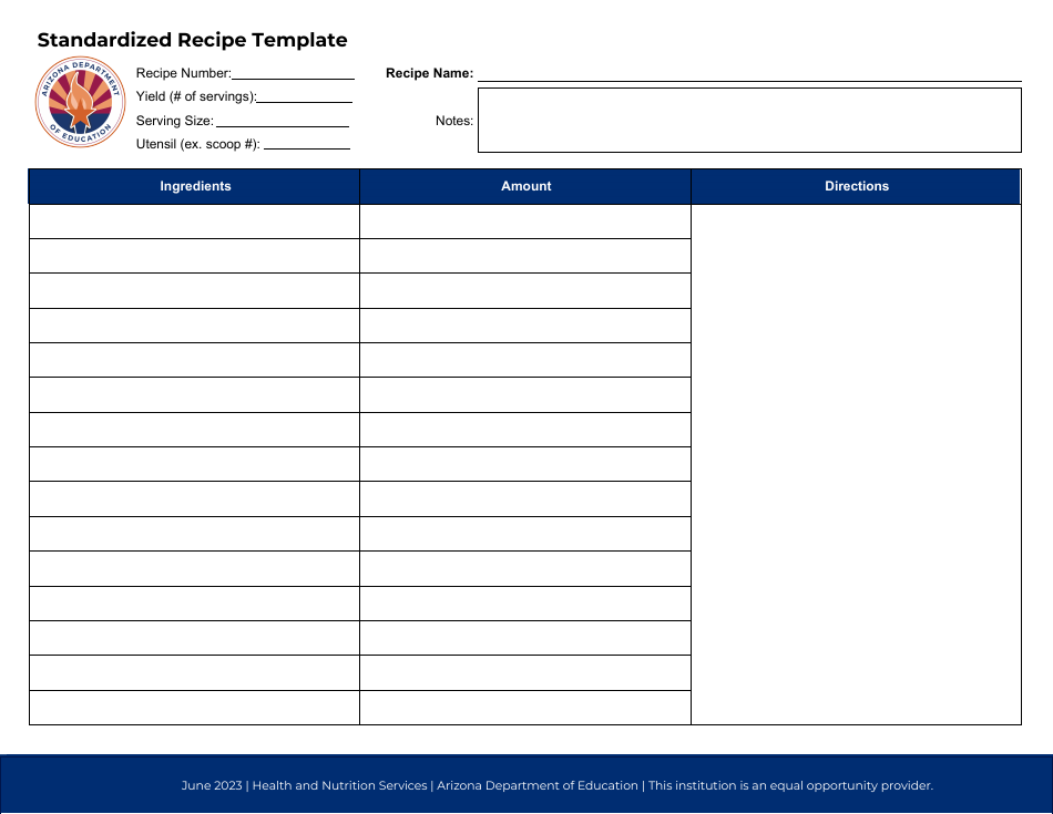 Arizona standardized recipe template download fillable pdf templateroller