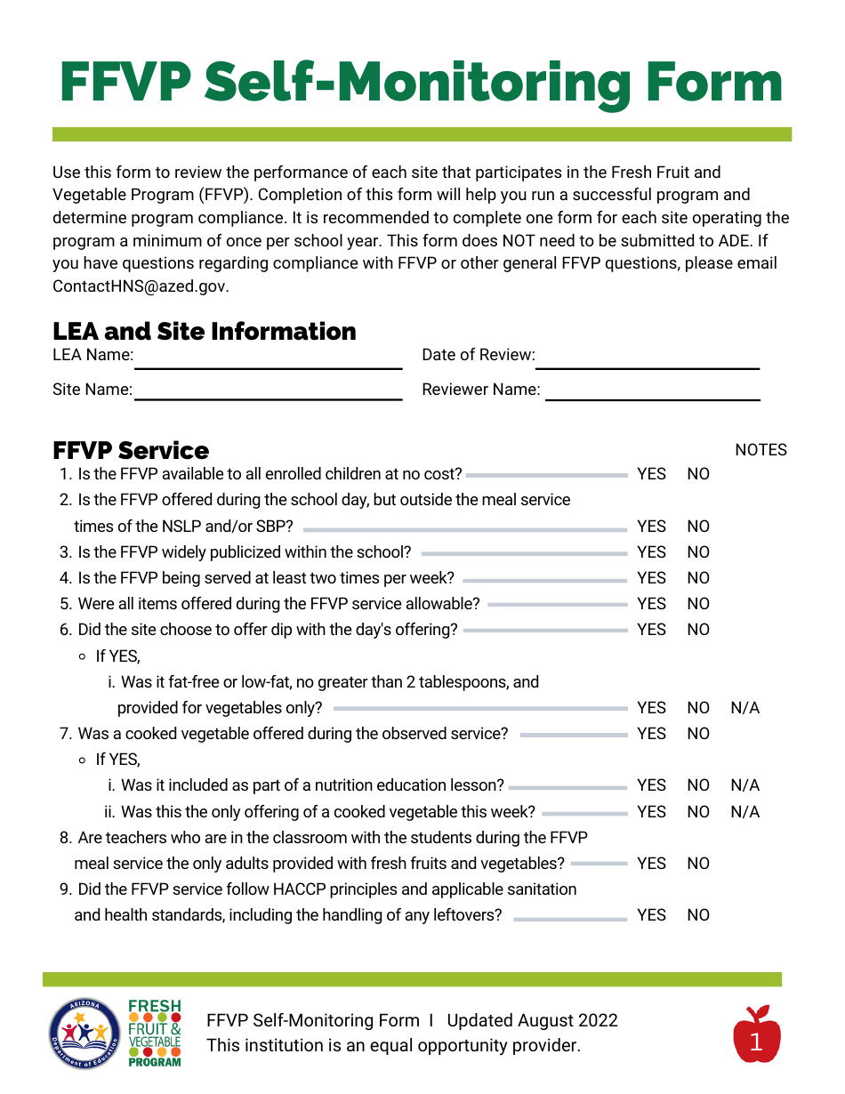 Ffvp Self-monitoring Form - Arizona, Page 1