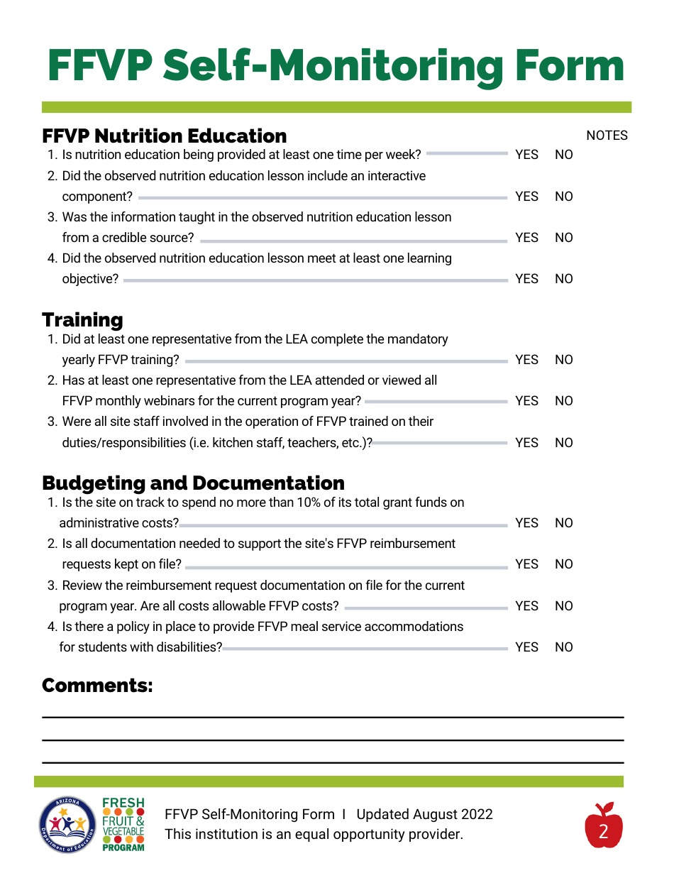 Ffvp Self-monitoring Form - Arizona, Page 2